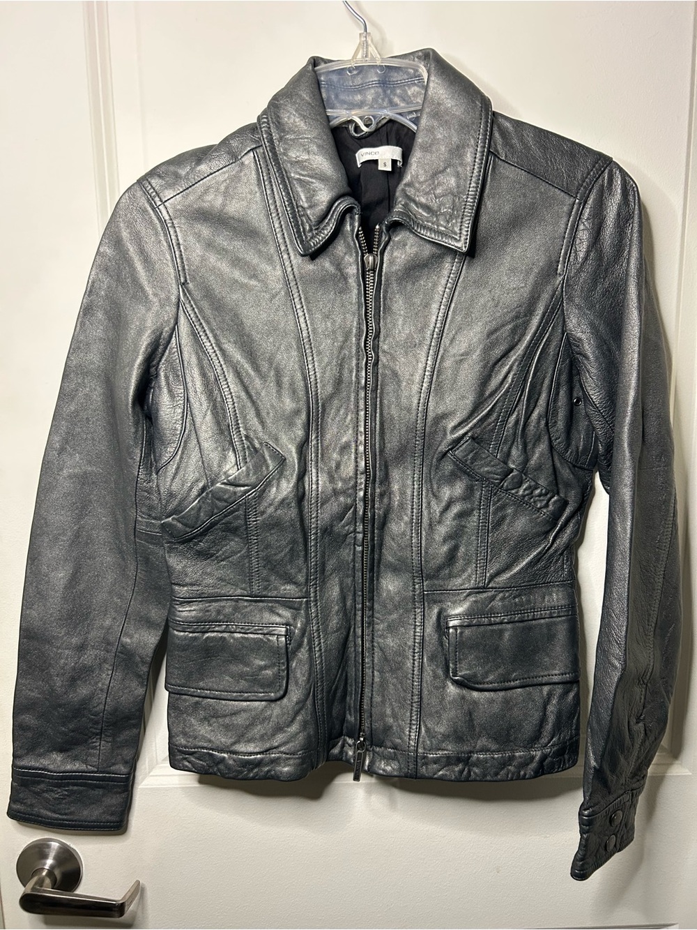 Vince Silver Genuine Leather Womens Motorcycle Bomber Jacket Size Small